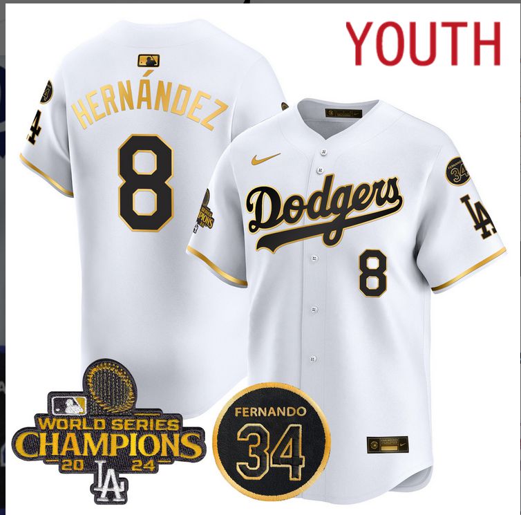 Youth  MLB Los Angeles Dodgers #8 Hernandez white 2024 World Series Champions Patch Limited Jersey style 3->youth mlb jersey->Youth Jersey